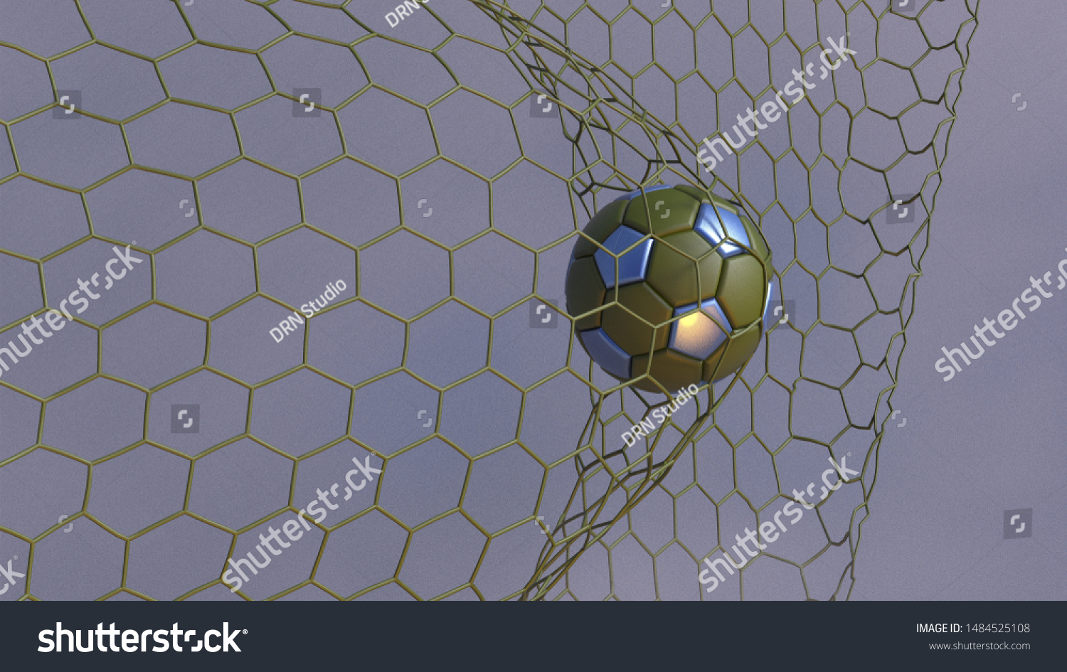 Green-blue Soccer Ball in the Goal Net under blue-white lighting with dark blue toned foggy smoke background. 3D illustration. 3D CG. High resolution. #1484525108