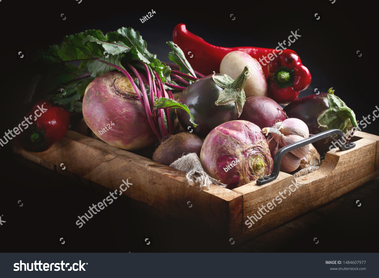 Fresh harvested vegetables in wooden box. Trendy ugly organic food #1484607977