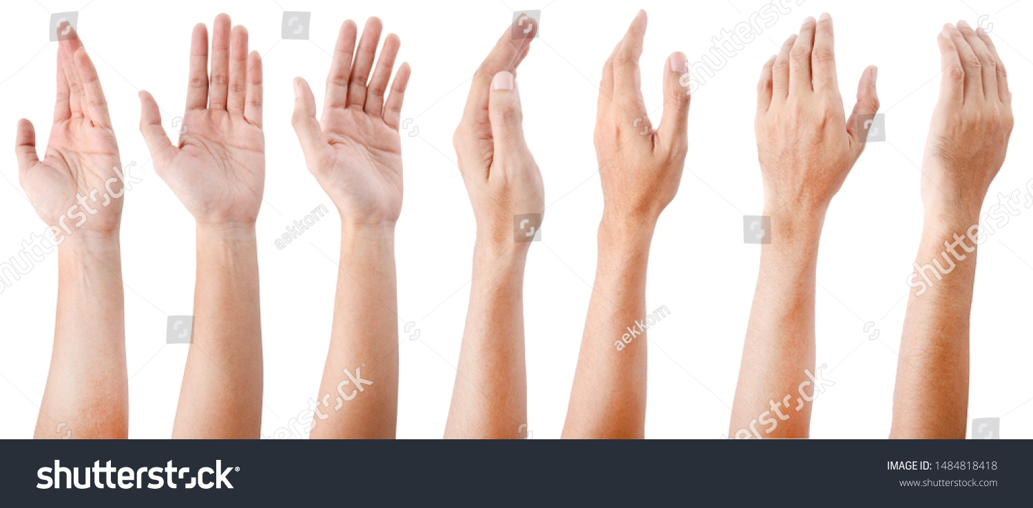 GROUP of Male asian hand gestures isolated over the white background.  #1484818418