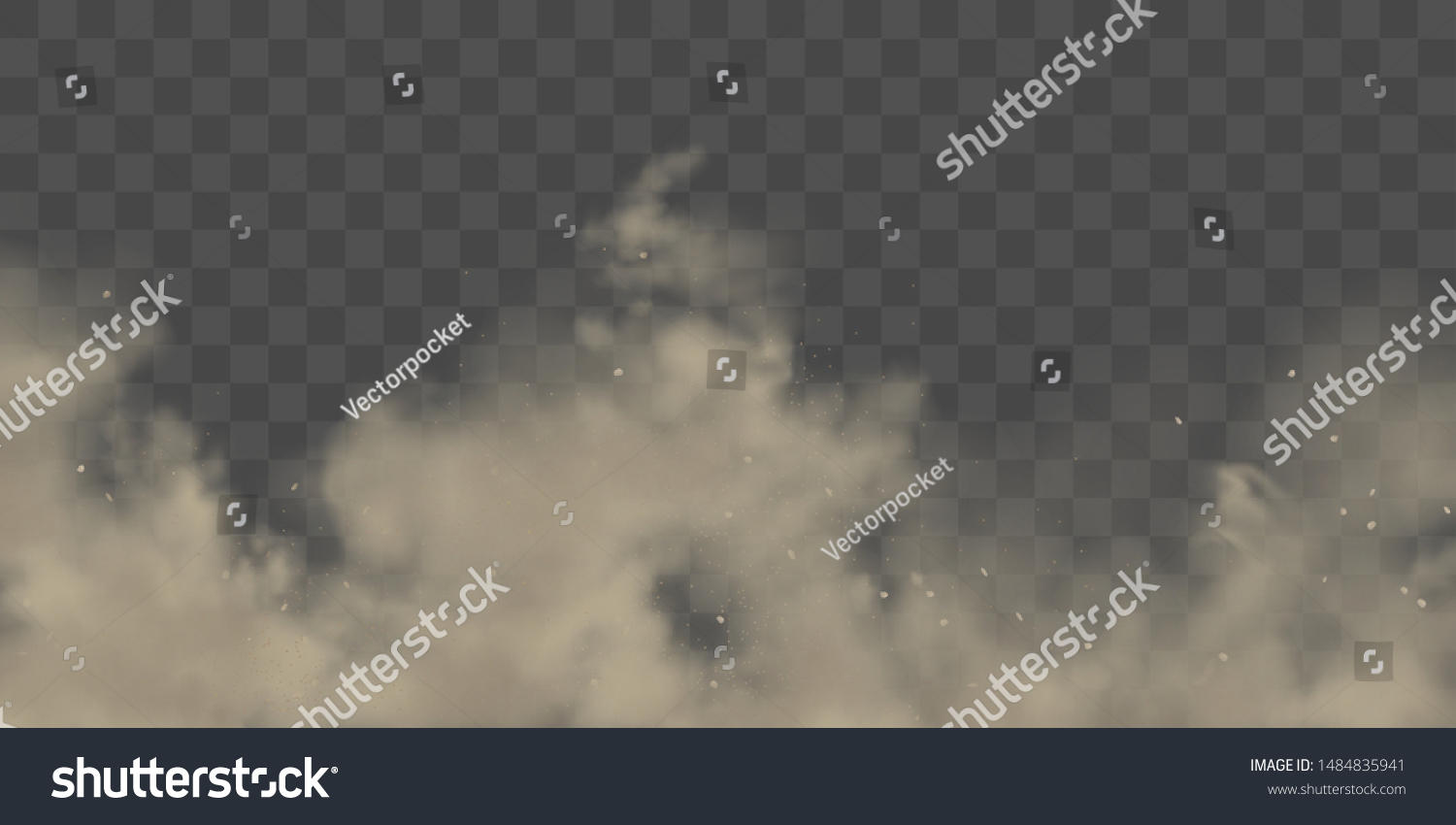 Road dust cloud with dirt or soil particles, brown color powder splash frozen motion 3d realistic vector illustration isolated on transparent background. City smog, dirty smoke texture. Air pollution #1484835941
