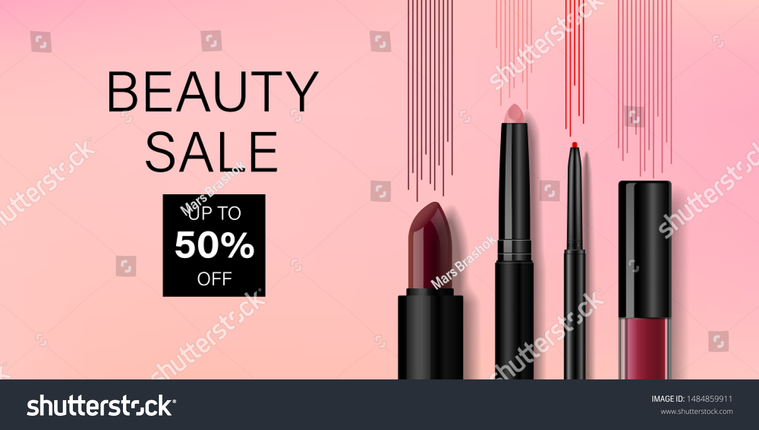 Beauty make up banner template. Lip cosmetic products with decorative lines on pink background. Advertising poster design for beauty store, blog, magazine, offers and promotion. Vector illustration. #1484859911