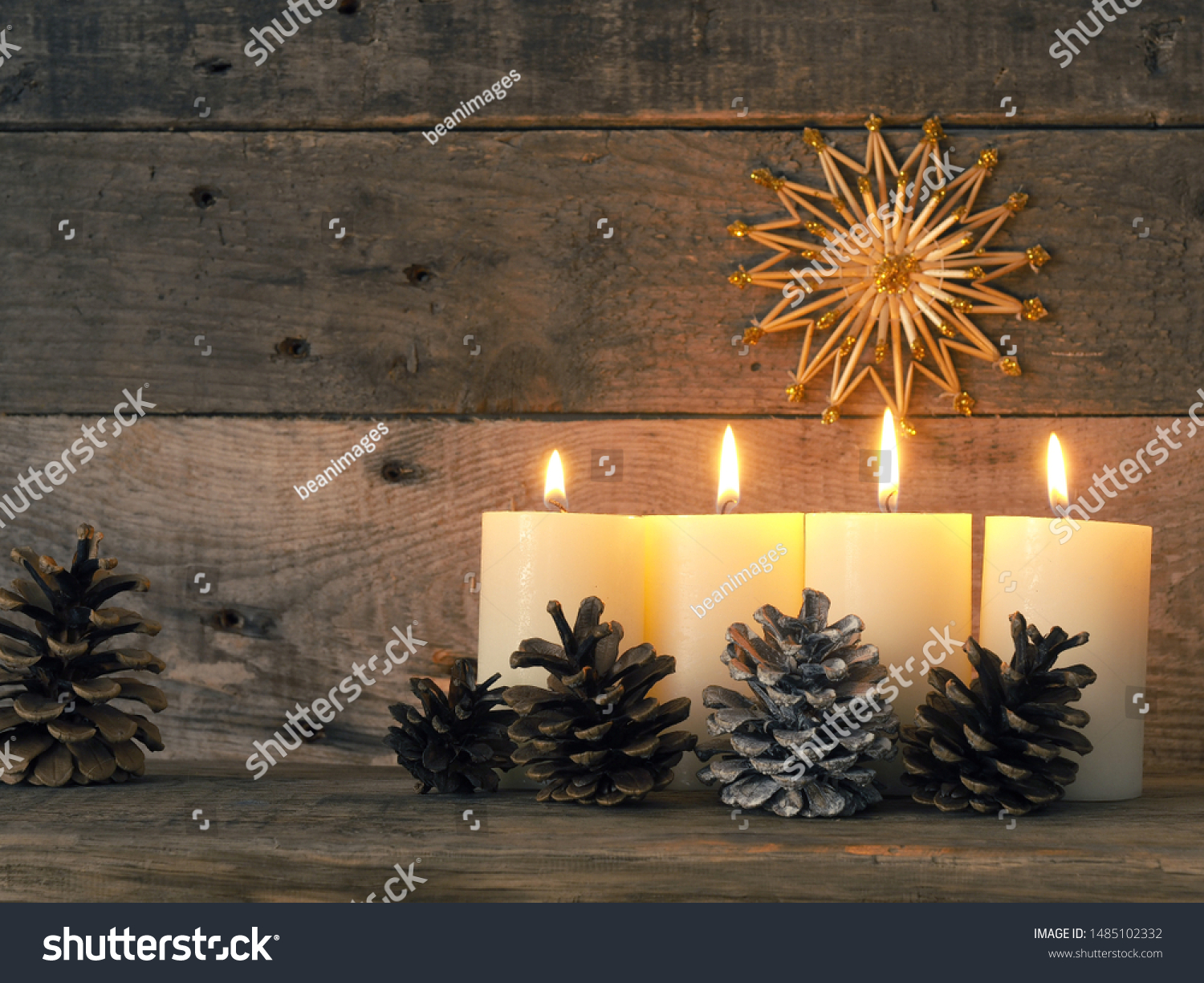 Four Advent candles are burning, fourth Advent candle burns, Christmas concept #1485102332