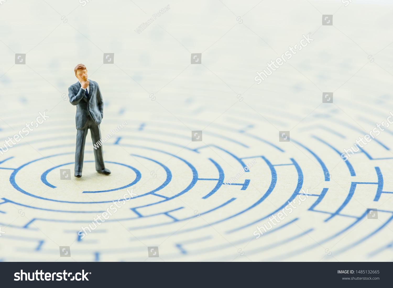 Business long-term decision, problem solving concept : Businessman thinks, find or searches for a way or direction to get out from hard situation, depicts complex strategy to escape from bad scenario #1485132665