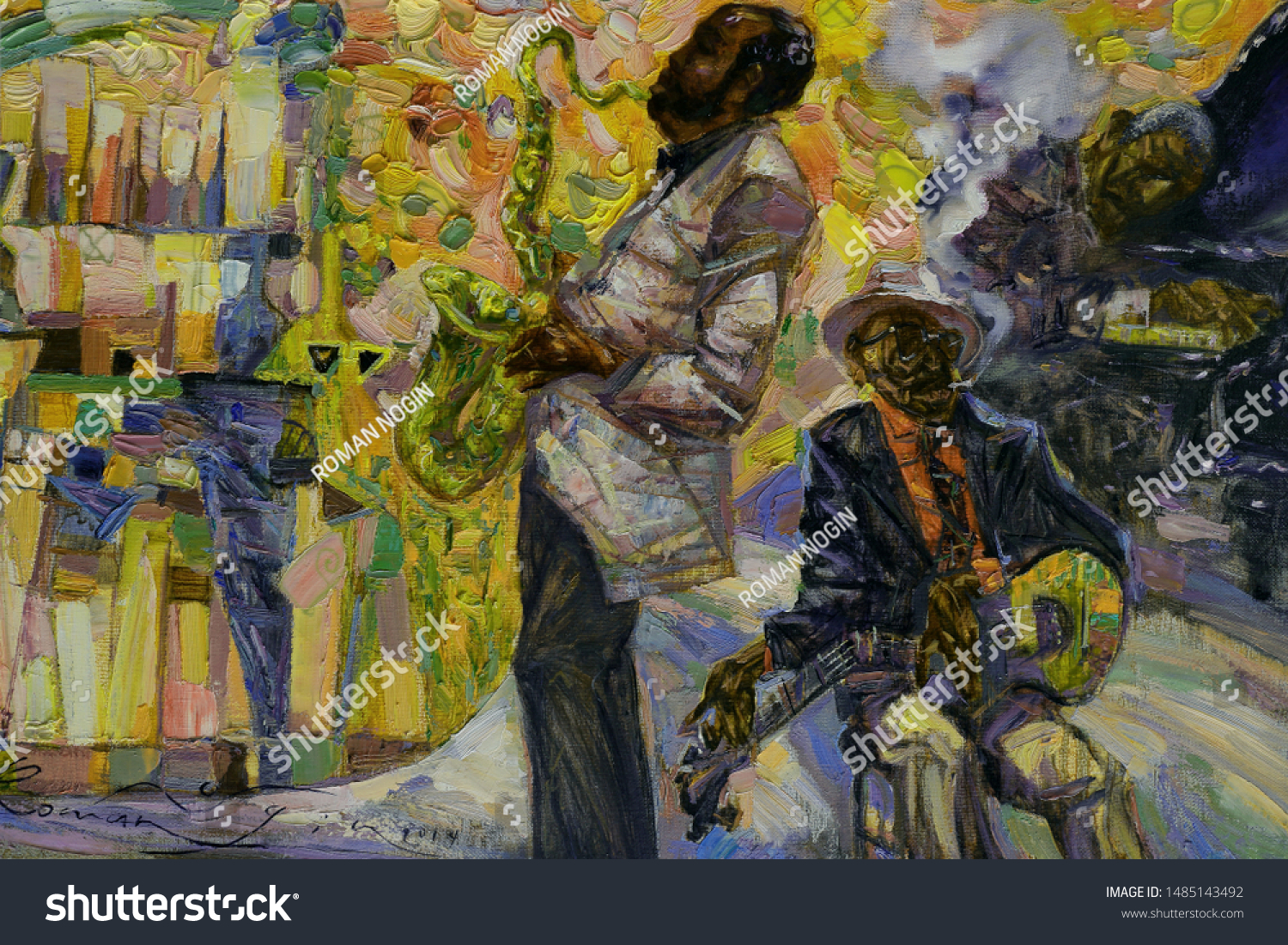texture, oil painting,  original painting, jazz singer, musician, classical jazz music ,  oil painting, artist Roman Nogin, series "Sounds of Jazz."  #1485143492