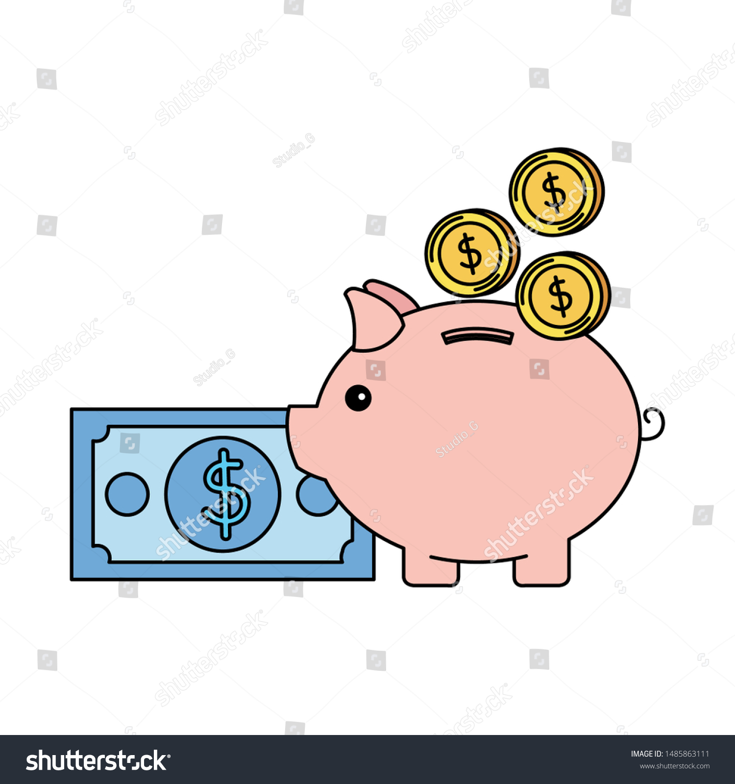 piggy savings with coins and bills money - Royalty Free Stock Vector