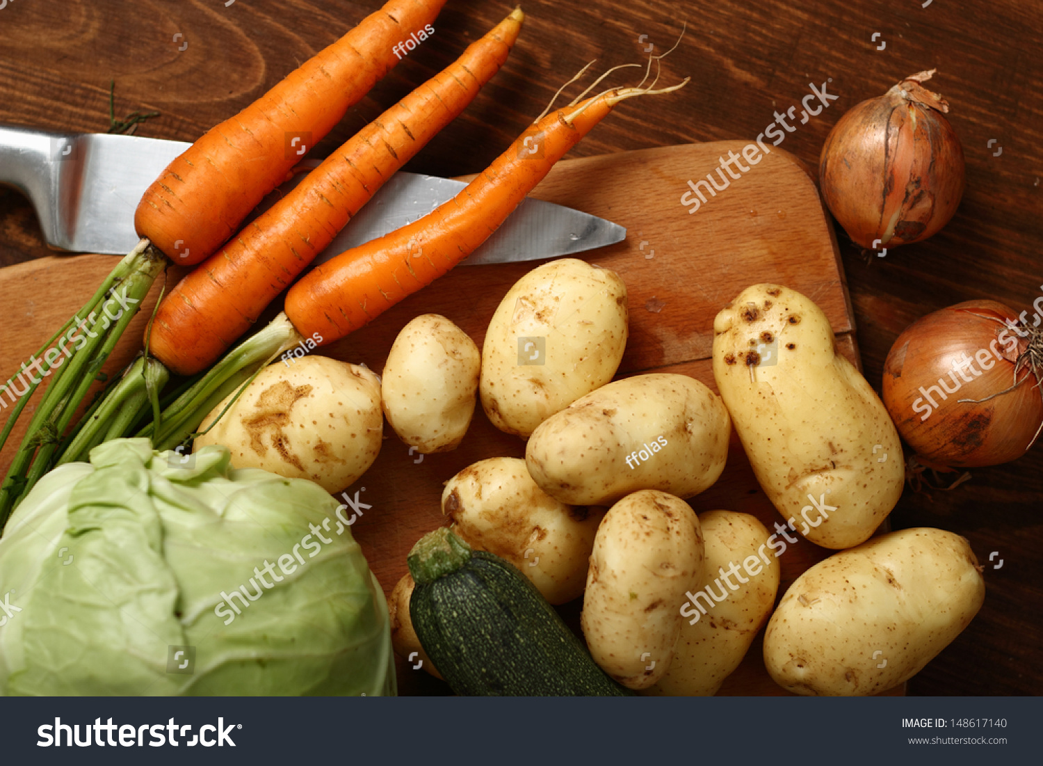 Vegetable Harvest Still Life: Potato, Carrot, Beet, Zucchini, Onion, Cabbage. #148617140