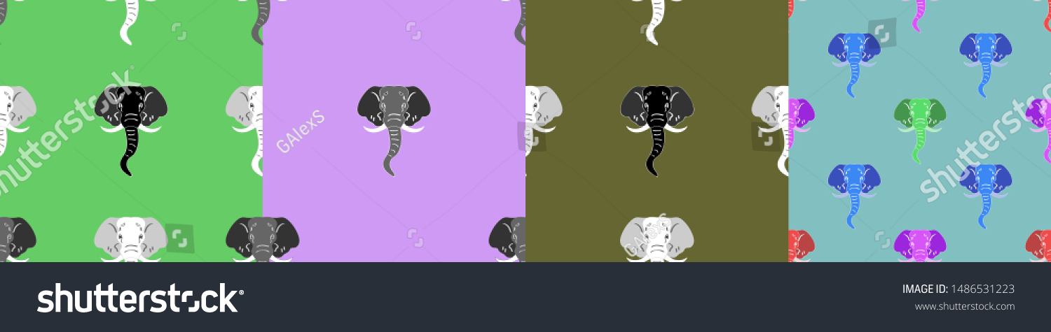 Set of seamless patterns. The heads of multicolored elephants #1486531223