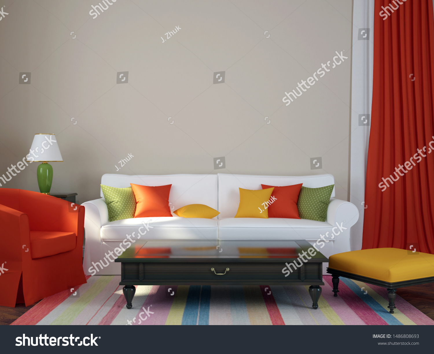Colorful composition made in a trendy eclectic style, consisting of a sofa, armchair, pouf, coffee table and curtains. 3D illustration #1486808693