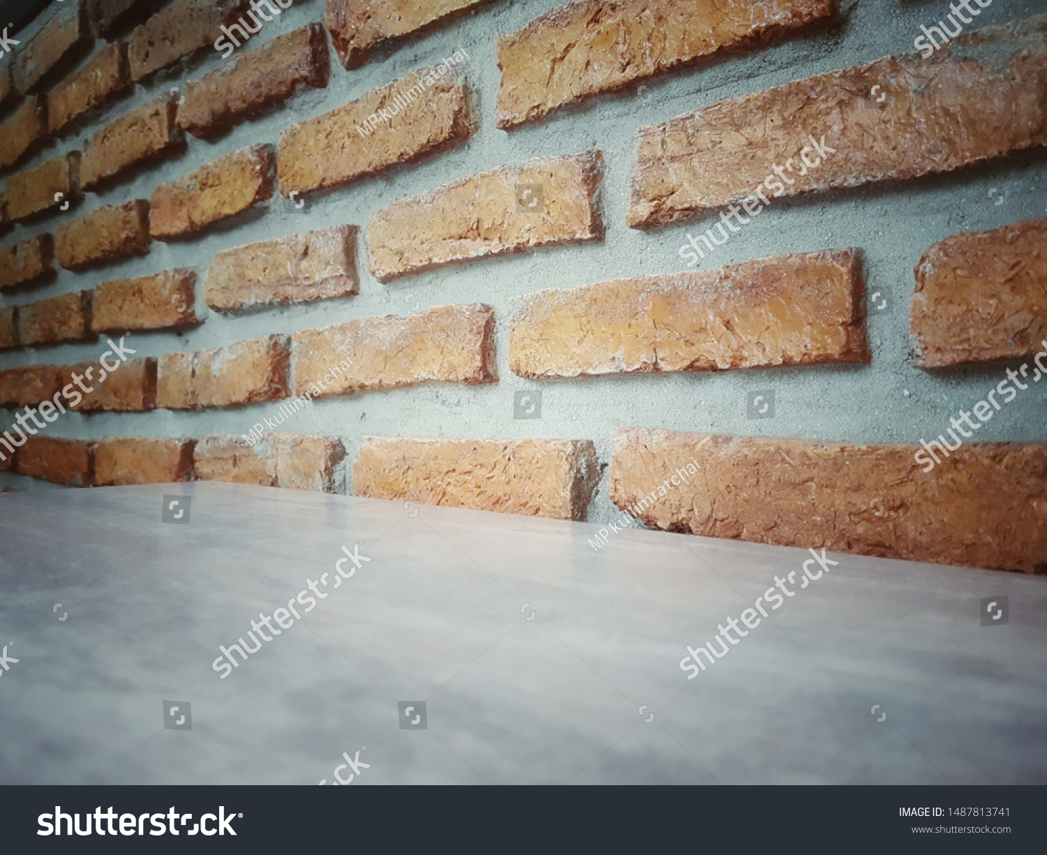 Empty wooden table and Brick  block background with space.Empty for product display. Ready for product display montage. Fair in blurred and de-focus, Soft focus,Select focus #1487813741