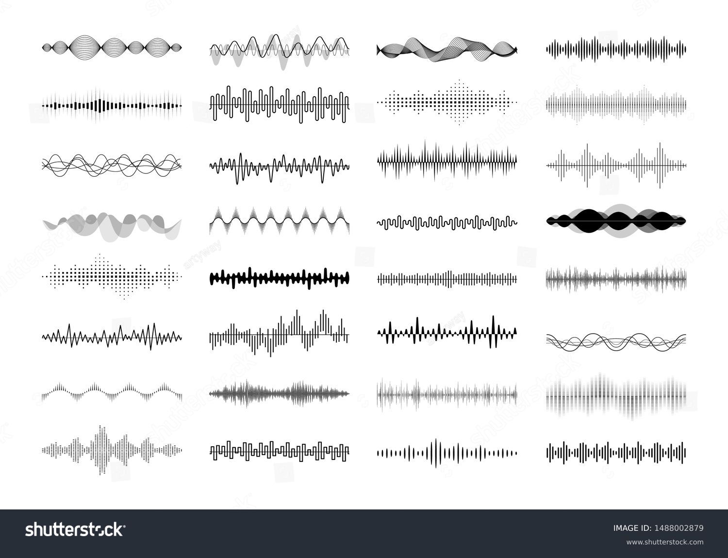 Set of waving, vibration and pulsing lines. Graphic design elements for financial monitoring, medical equipment, music app. Isolated vector illustration. #1488002879