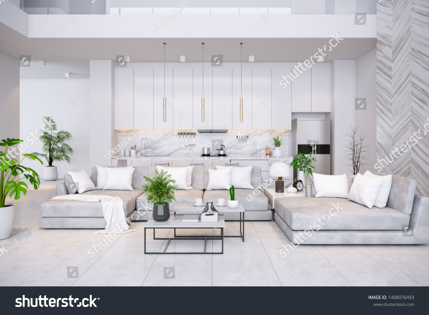 Modren living room and kitchen room  interior ,luxury home,villa ,3d render #1488076493