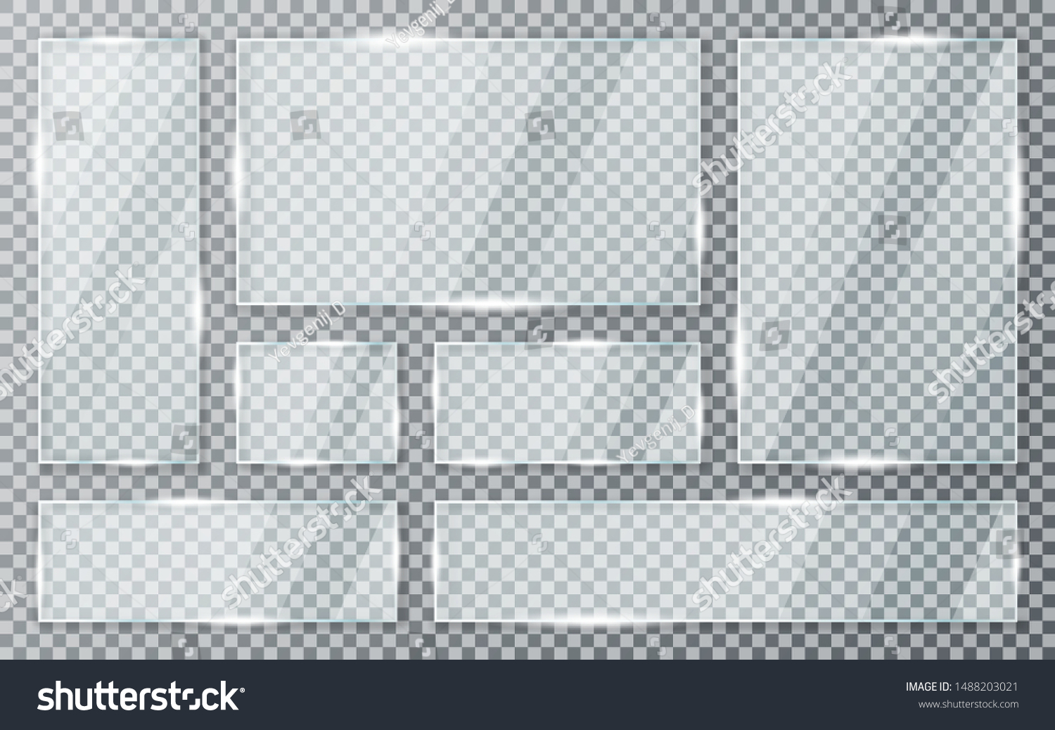 Glass plates set on transparent background. Acrylic and glass texture with glares and light. Realistic transparent glass window in rectangle frame. Vector #1488203021