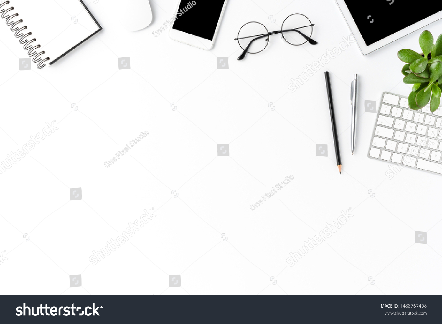 Concept of modern office desktop with accessories. Business background with copyspace #1488767408