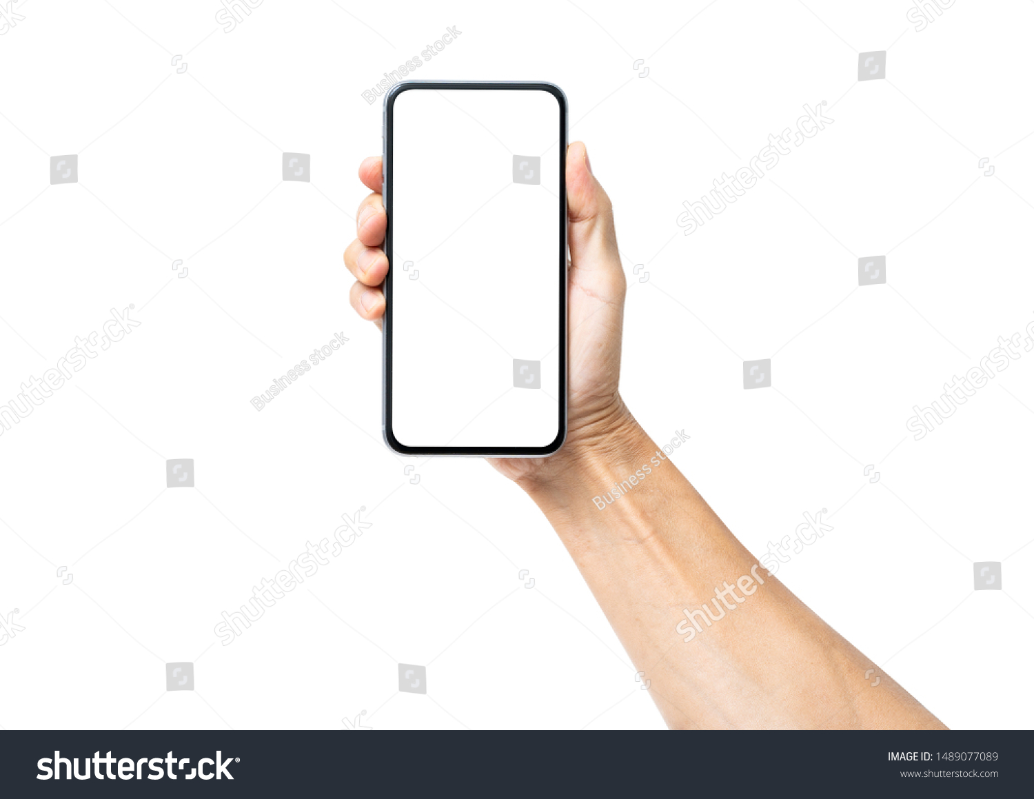 Man hand holding black smartphone isolated on white background, clipping path #1489077089