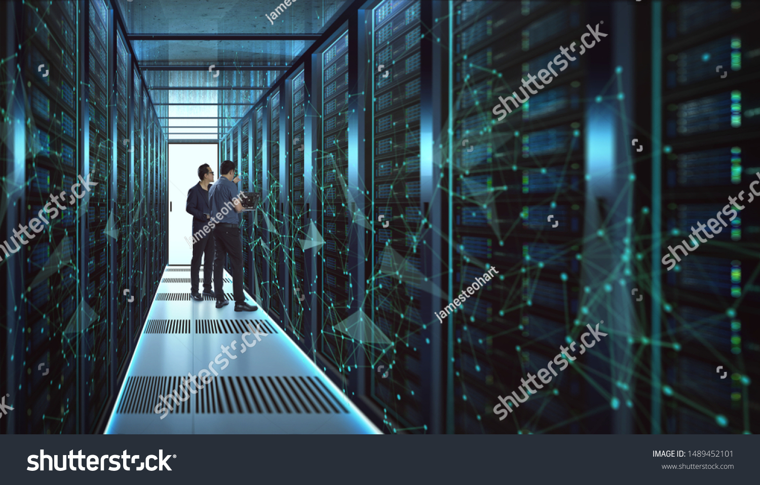 IT Engineers and Technician discussing technical problem in server room with data connection visual effect . #1489452101