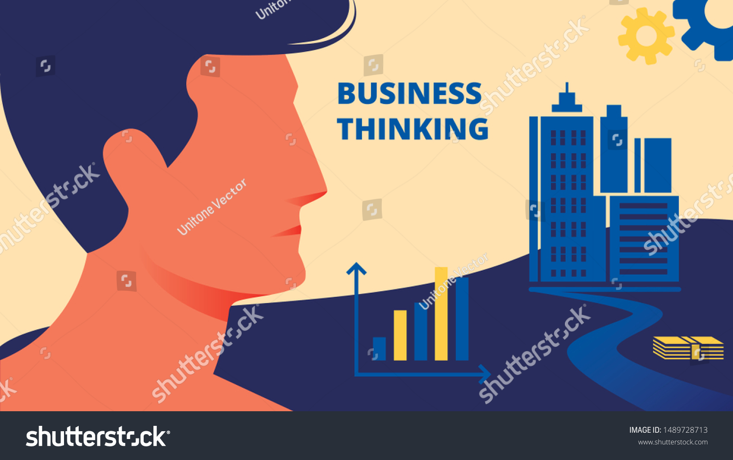 Profile Picture Man on City Background. Business Thinking. Advertising Image. Cartoon Flat Vector Illustration. Man Face with Short Black Hair in Profile. Man Thought. Design Training. #1489728713