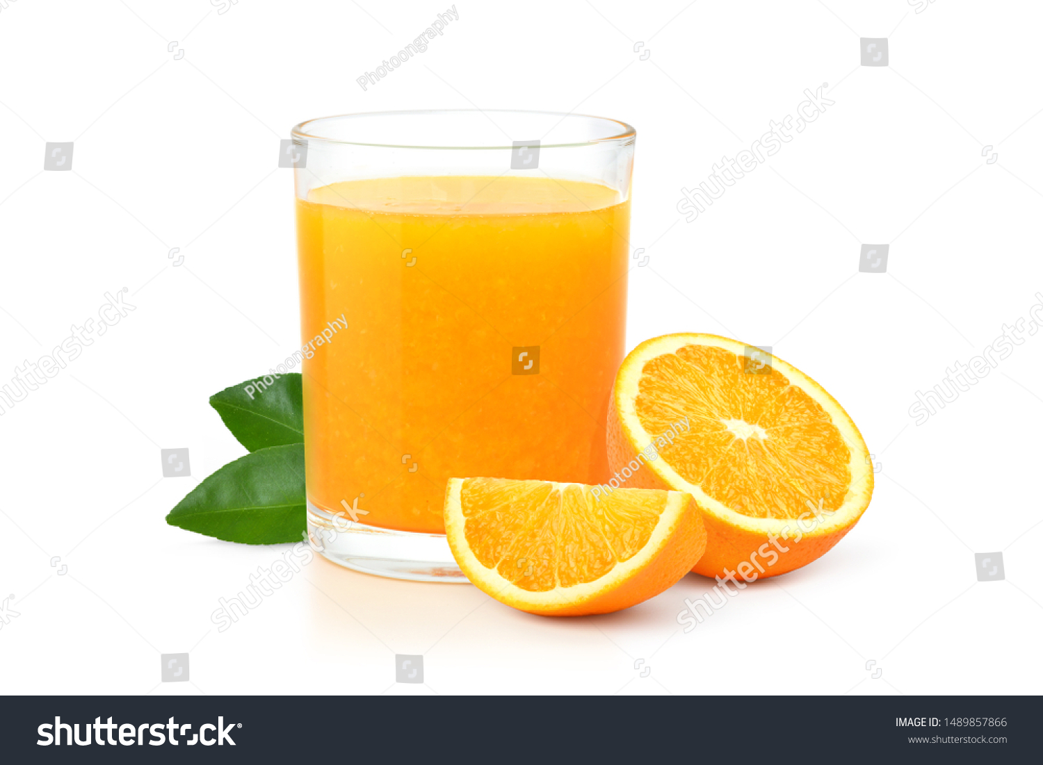 Glass of 100% Orange juice with sacs
 and sliced fruits isolate on white background. #1489857866