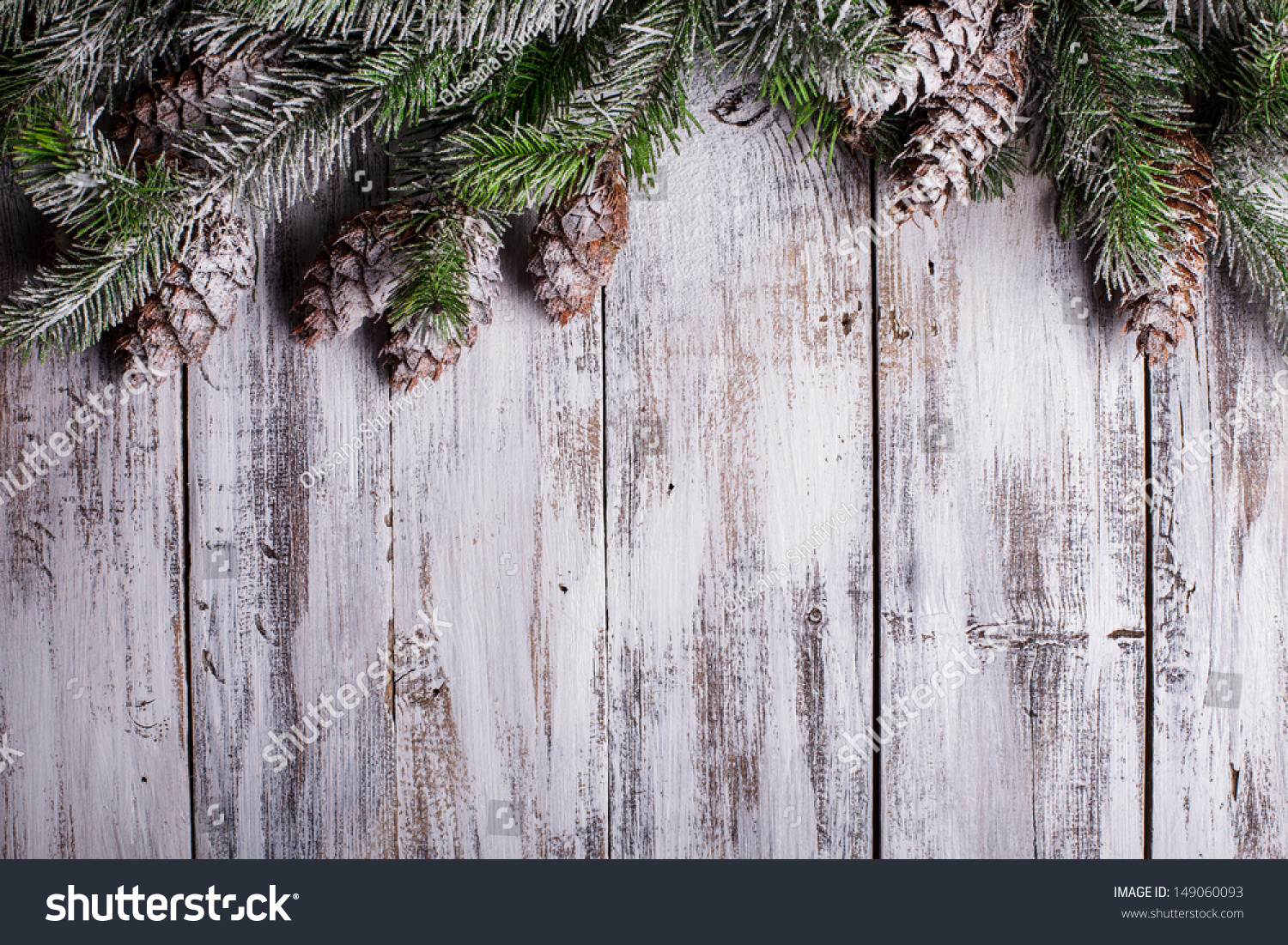 White shabby Christmas border with snow covered pinecones #149060093
