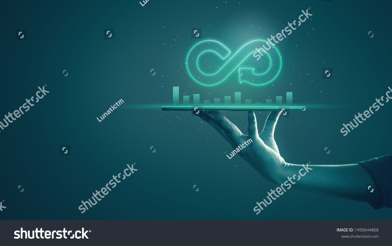 Circular economy with infinite concept. Business man showing arrow infinity symbol with neon light and dark background. Graph showing the earnings, profits of business shares in good feedback. #1490644868