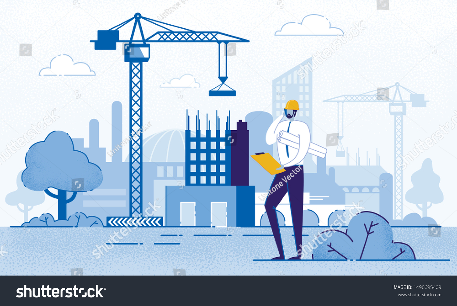 Architect Holding Blueprints near Construction Flat Cartoon Vector Illustration. Engineer Talking on Phone near New Building. Man with Project in Helmet and Suit. Crane Constructing House.