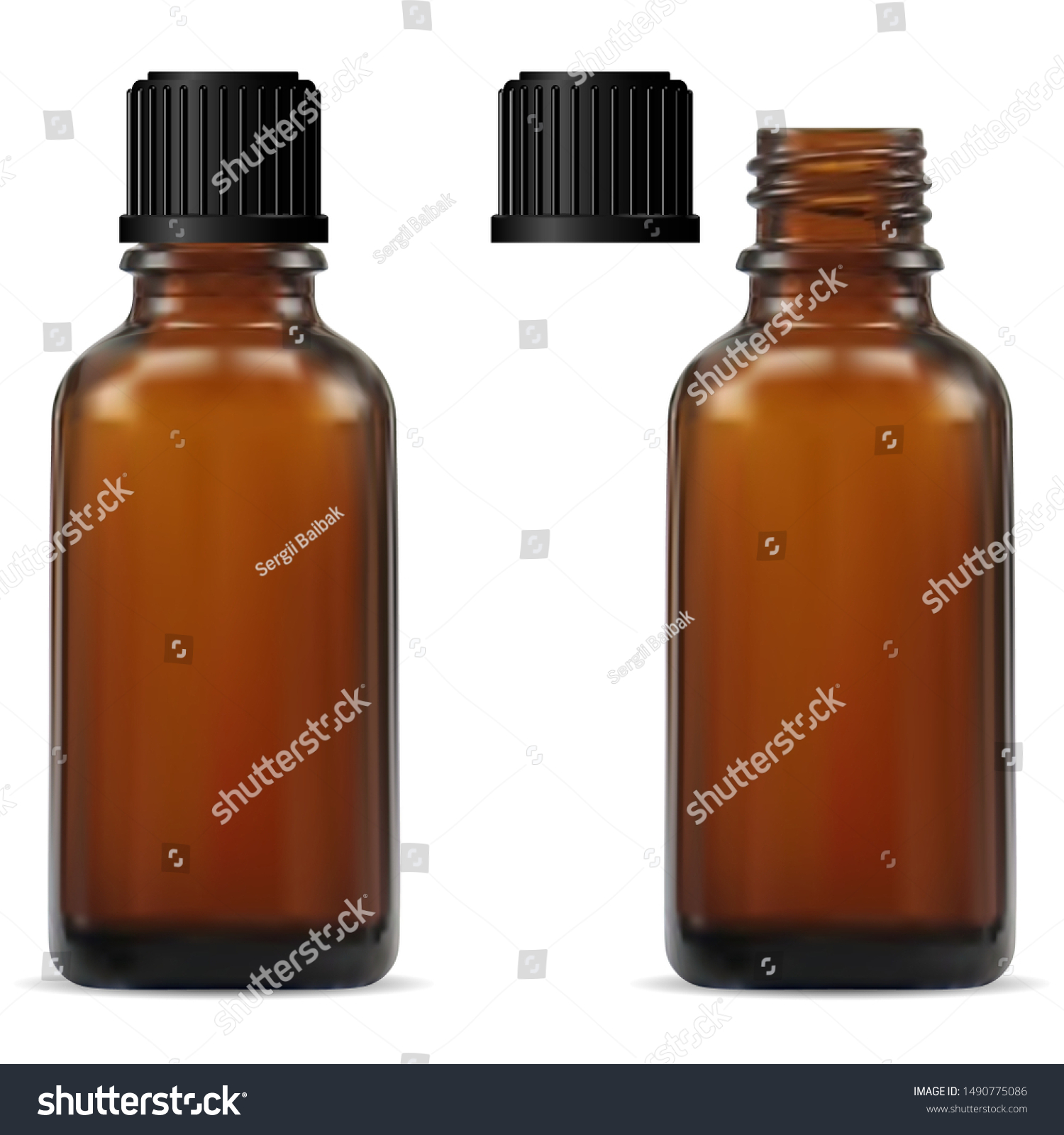 Medical Bottle. Brown Glass Pharmacy Bottle. Realistic Drug Vial Blank. Vitamin Jar Template with Screw Lid Design. Essential Aromatic Oil Container Mockup without Label. Round Medicine Storage #1490775086