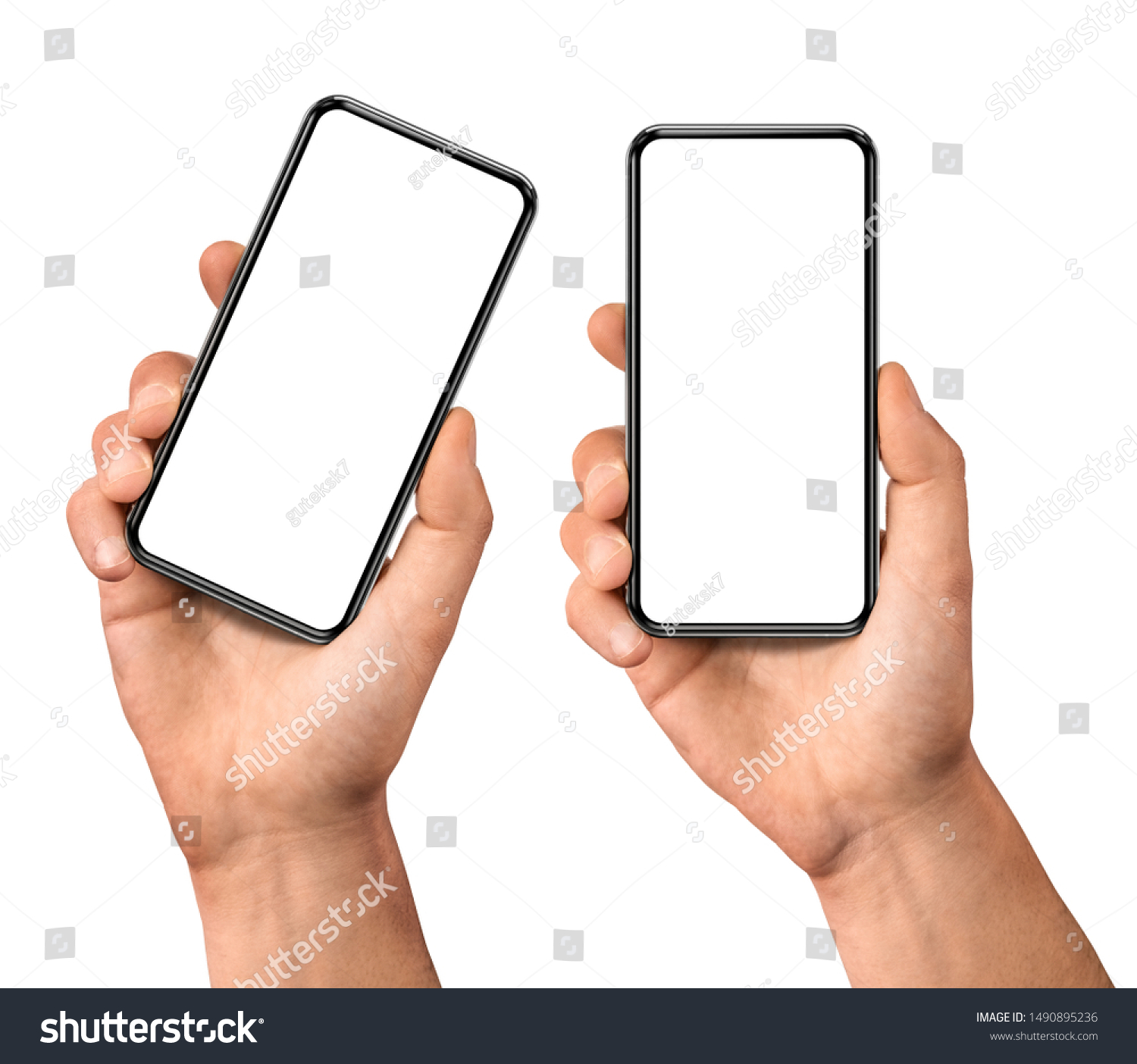 Man hand holding the black smartphone  blank screen with modern frameless design, two positions vertical and rotated - isolated on white background