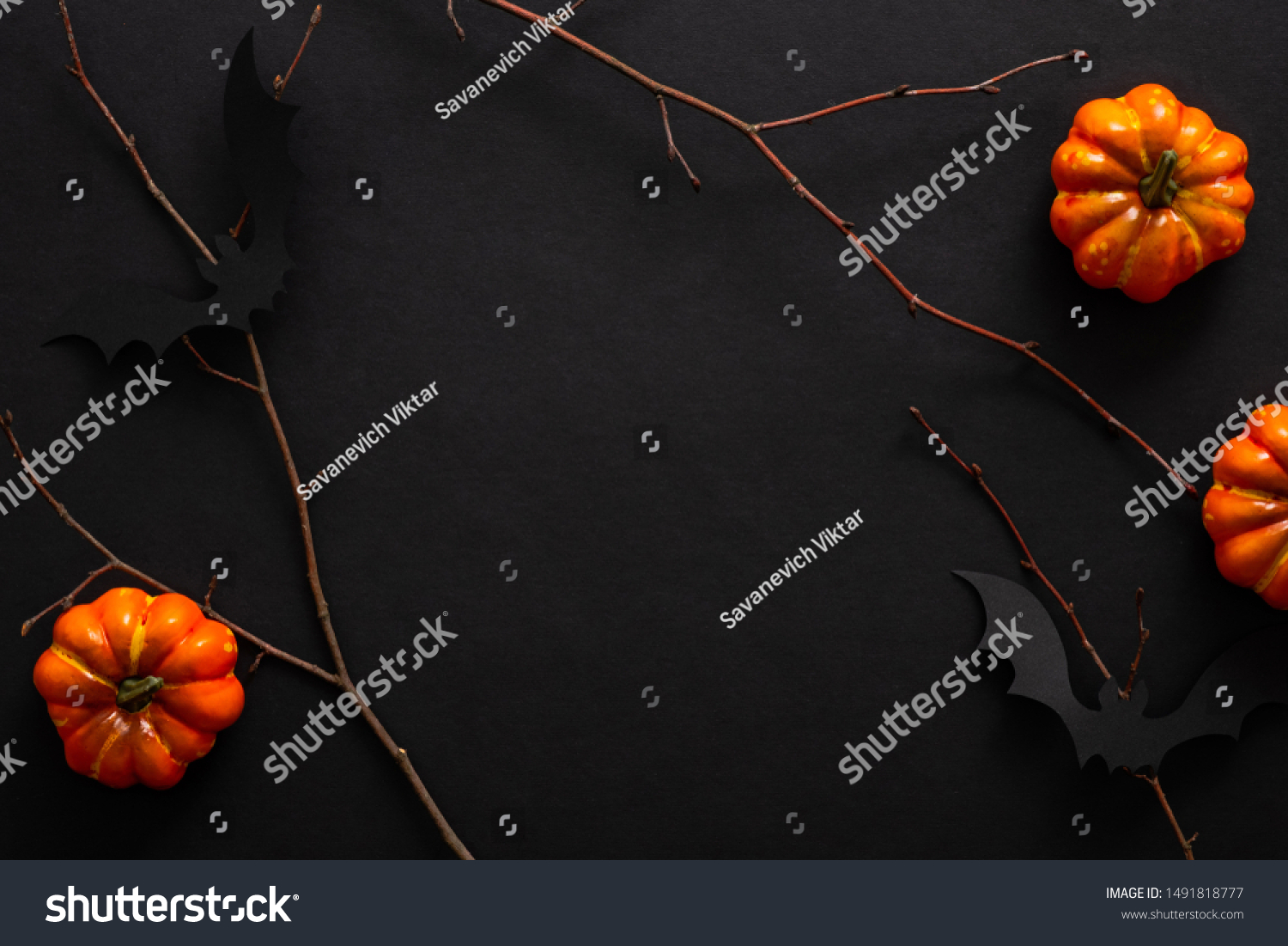 Modern Halloween background with pumpkins, bats, decorations. Halloween party invitation card mockup. Flat lay, top view, copy space. #1491818777
