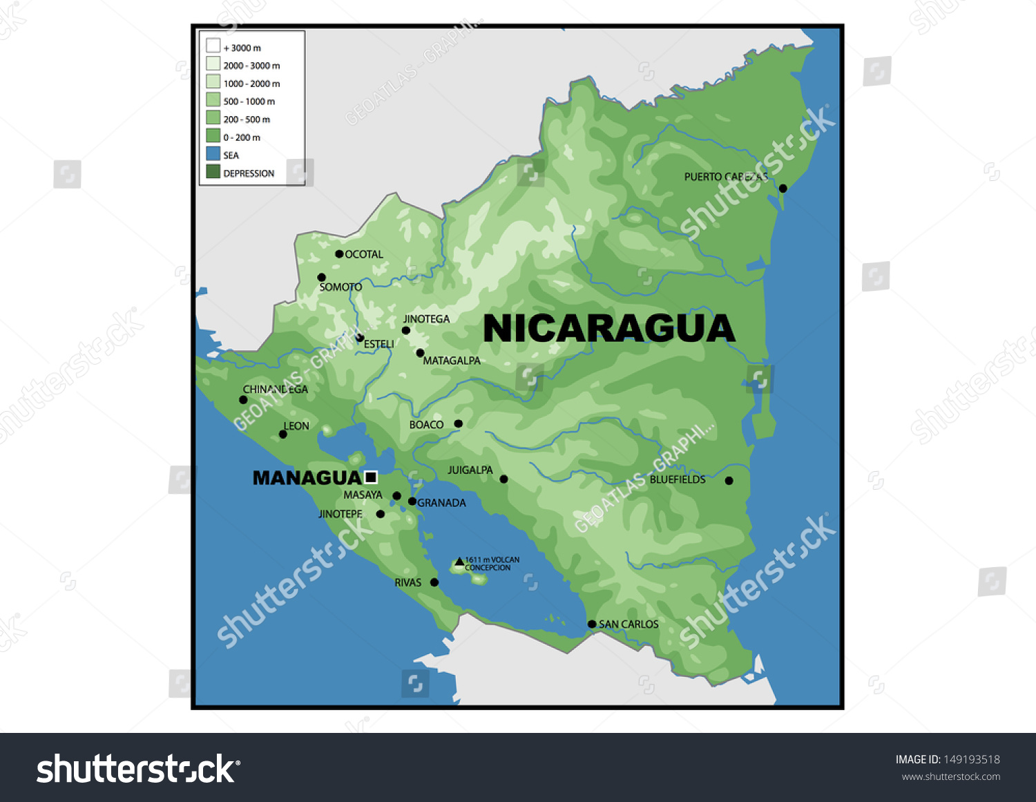 Physical Map Of Nicaragua - Royalty Free Stock Photo 149193518 - Avopix.com