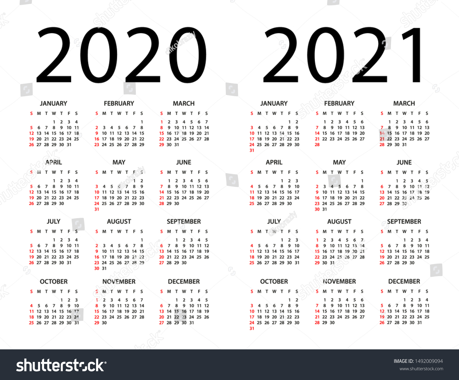 Calendar 2020 2021 year - vector illustration. Week starts on Sunday #1492009094
