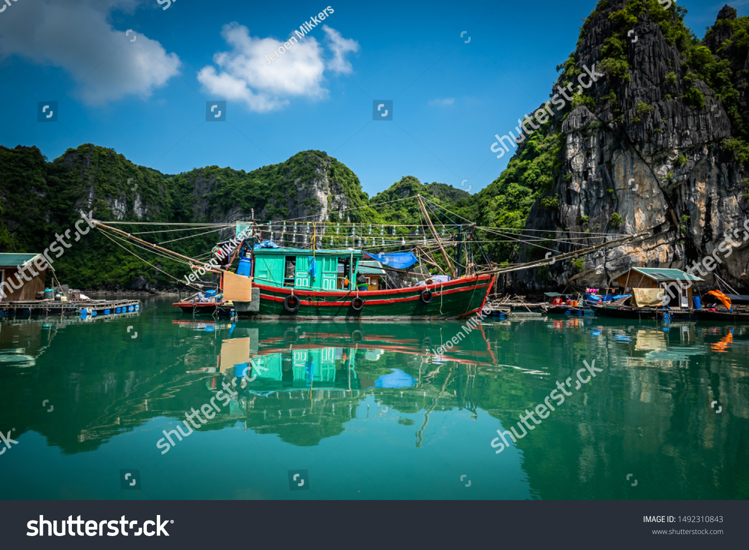 Big fishing boat at Vung Vieng floating village in Halong Bay / bai tu long bay, Vietnam. #1492310843