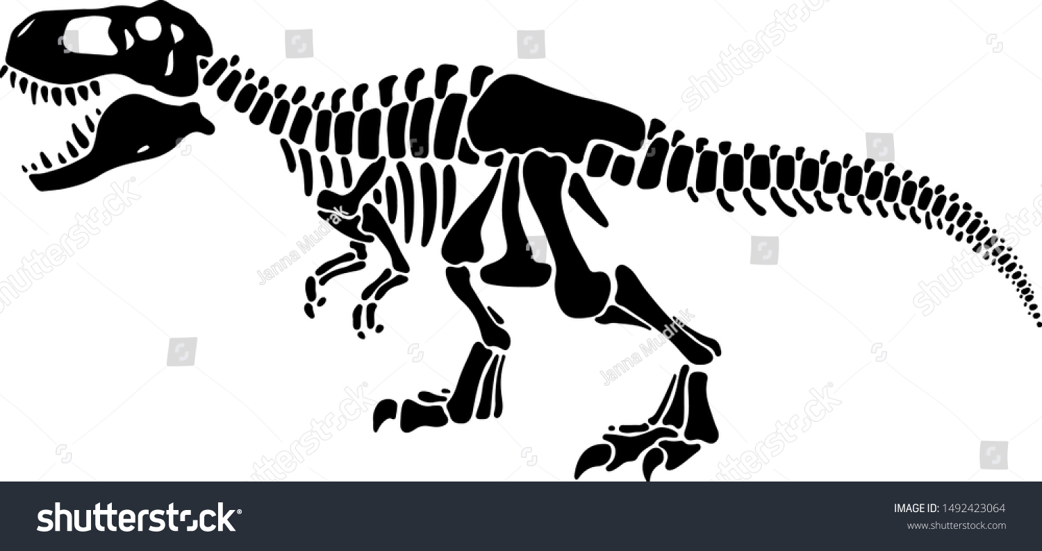 T rex dinosaur skeleton negative space silhouette illustration. Prehistoric creature bones isolated monochrome clipart. Dangerous ancient predator, tyrannosaurus fossil design element #1492423064