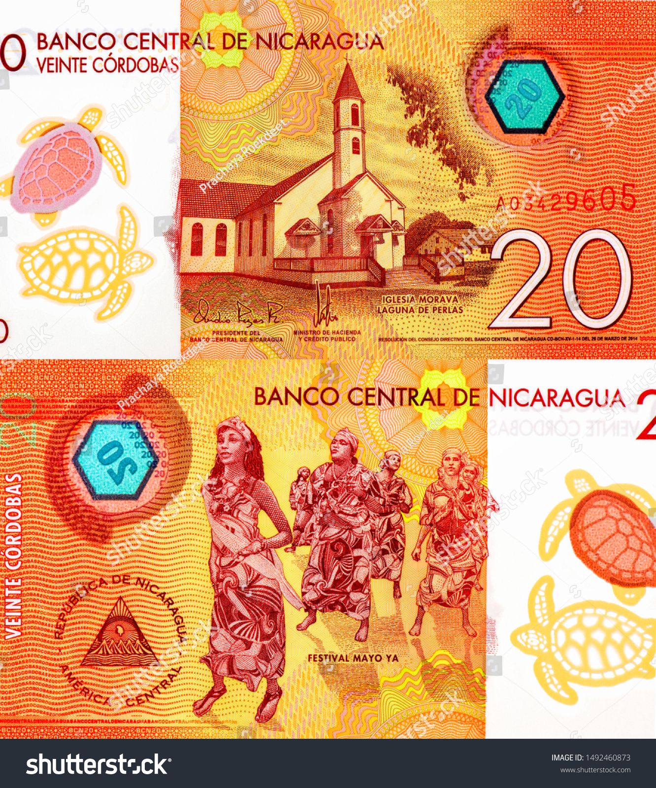 Moravian church at Pearl Lagoon. Turtles as see-through feature. Portrait from Nicaragua 20 Cordobas 2014 Polymer Banknotes. An Old Polymer banknote, vintage retro. Famous ancient Banknotes.  #1492460873