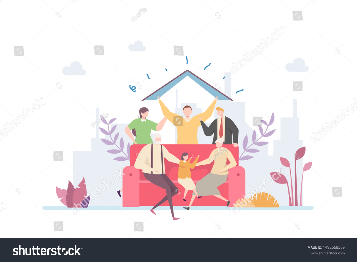 
Happy Family Vector Illustration Concept Showing happy big family member posing forming a house visual, Suitable for landing page, ui, web, App intro card, editorial, flyer, and banner. #1492668569