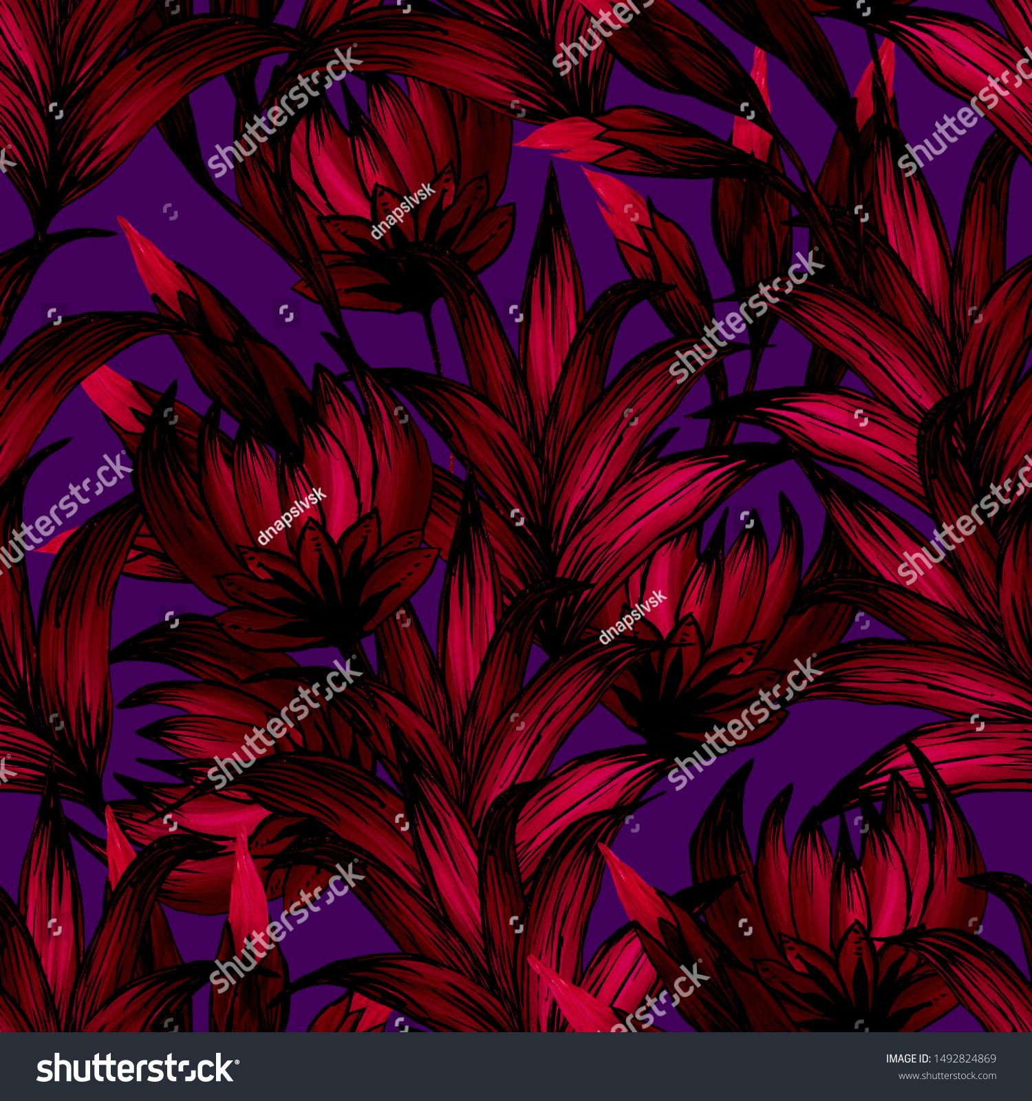 flowers and leaves drawn with red and pink colors on a dark violet background #1492824869