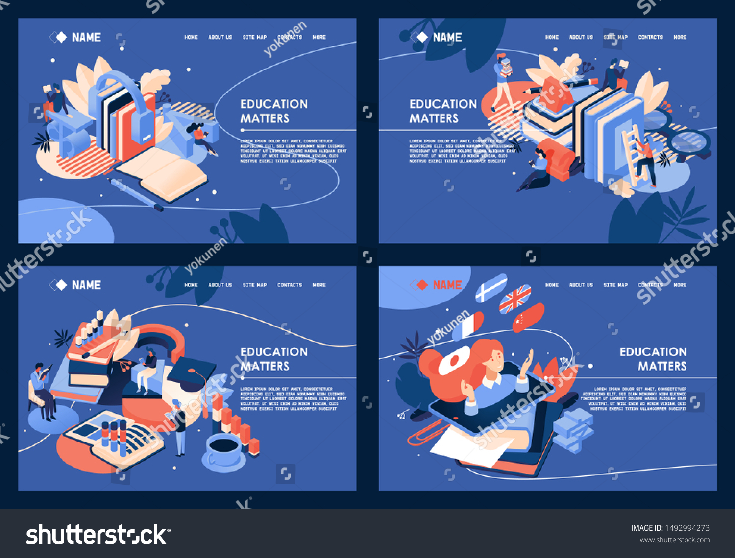 Collection horizontal educative banners about learning foreign languages, business formation. Isometric design good for landing page on blue background. Tiny people reading large books #1492994273