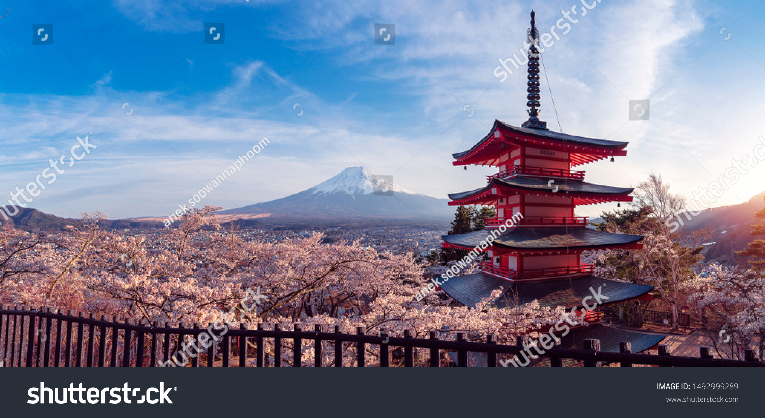 panorama of kimono traditional dress at Landmark of japan Chureito red Pagoda and Mt. Fuji in Fujiyoshid #1492999289