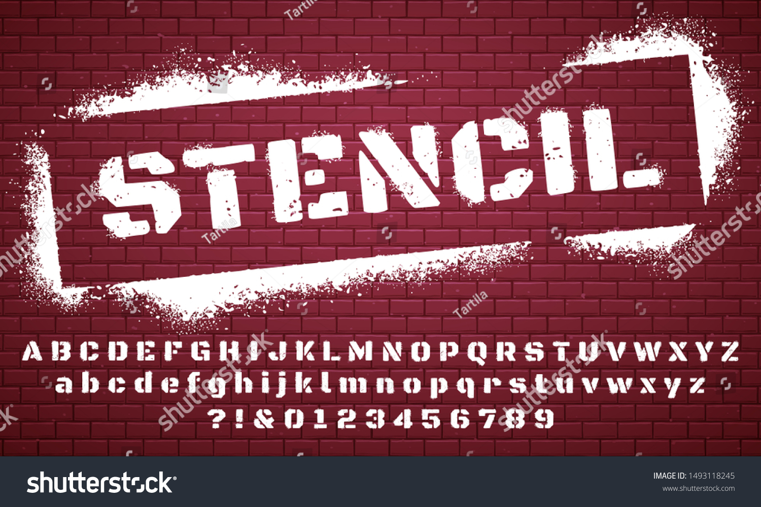 Stencil font. Graffiti spray painted alphabet, dirty textured lettering and grunge letters. Military abc and numbers, stamp type army scratched text. Isolated vector symbols set #1493118245