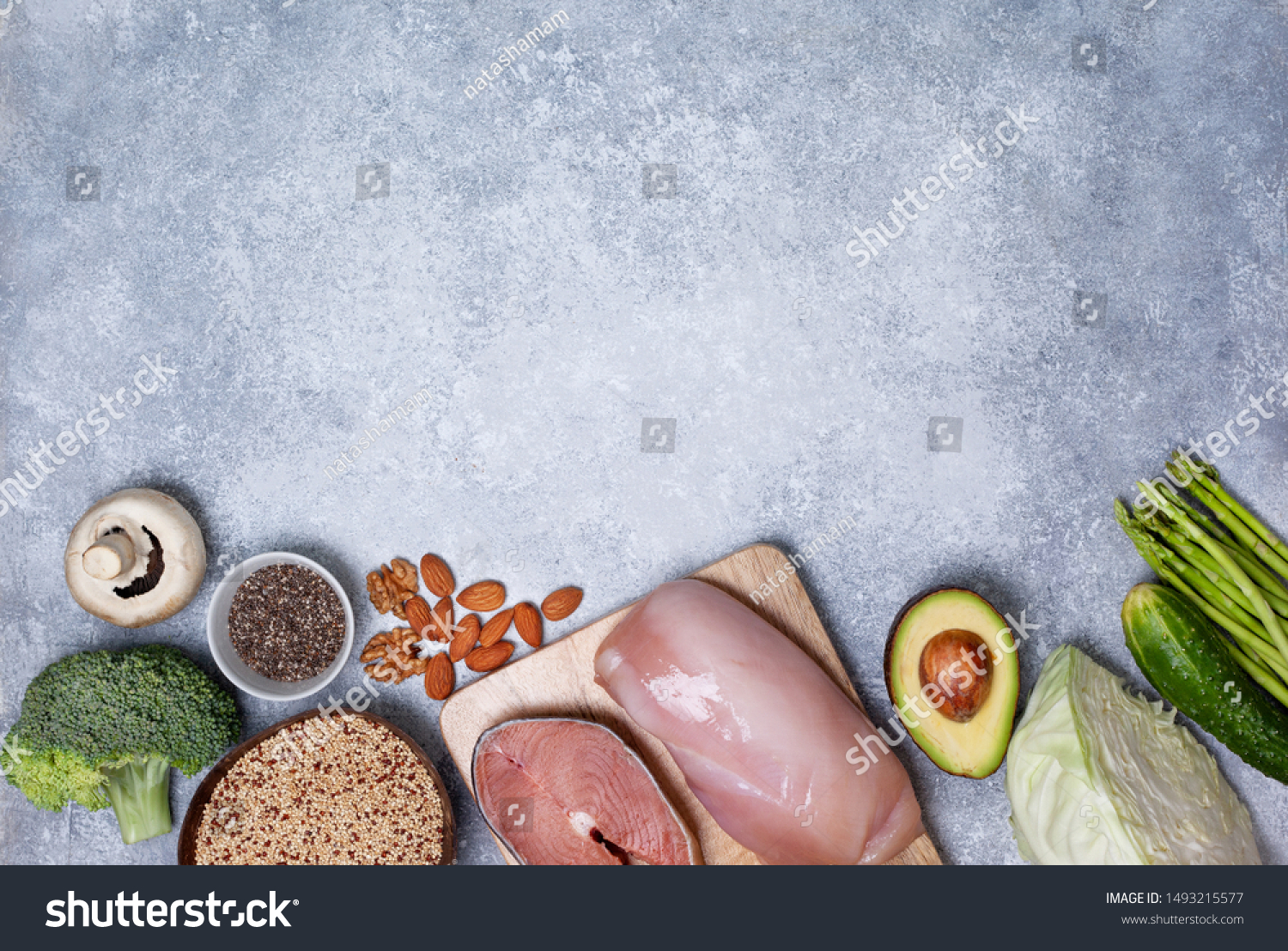 trendy pegan diet. pegan diet products : meat, fish, cereals, vegetables, nuts and berries. view from above #1493215577