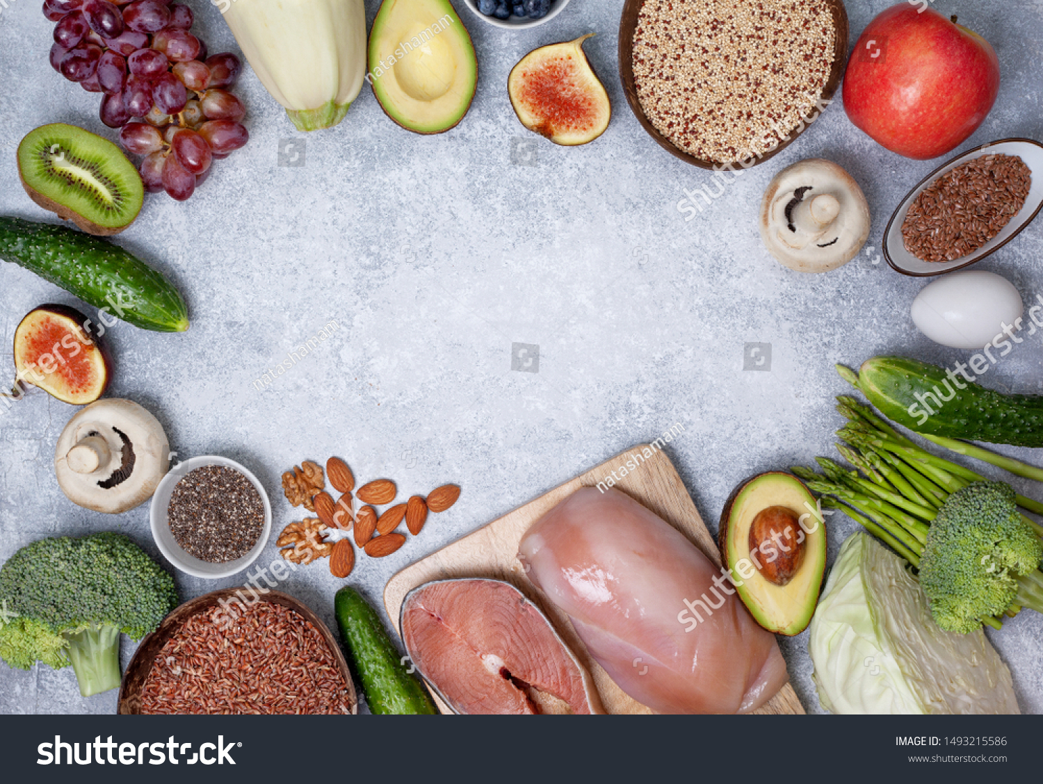 trendy pegan diet. pegan diet products : meat, fish, cereals, vegetables, nuts and berries. view from above #1493215586