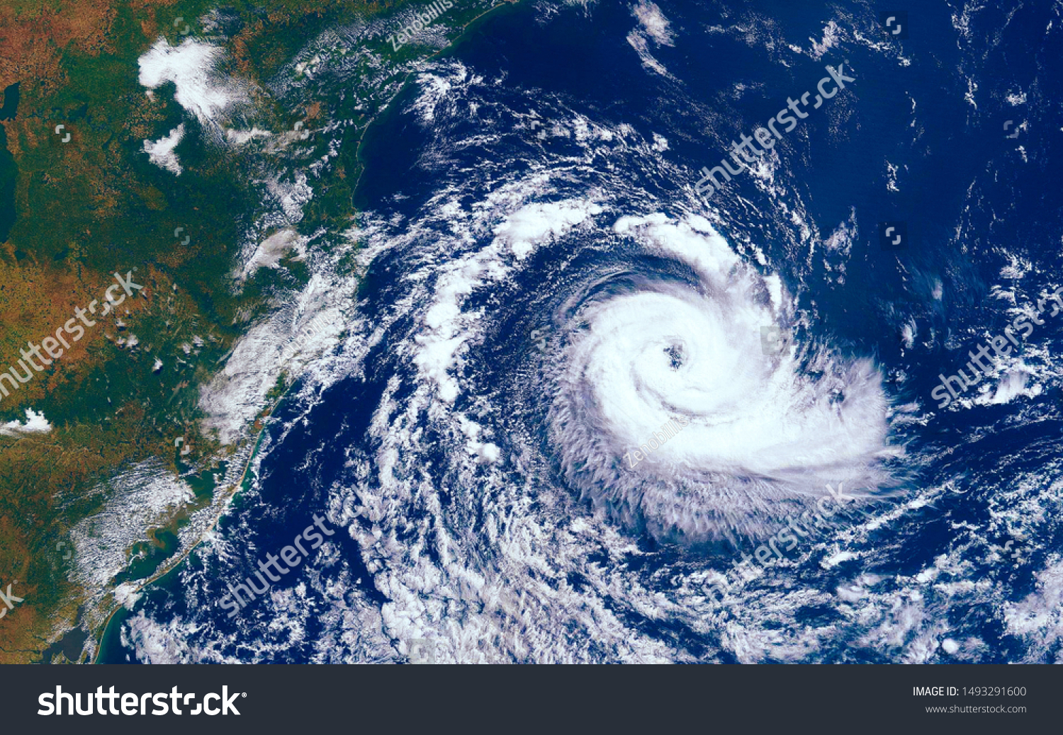 Category 5 super typhoon approaching the coast. The eye of the hurricane. View from outer space  Some elements of this image furnished by NASA #1493291600