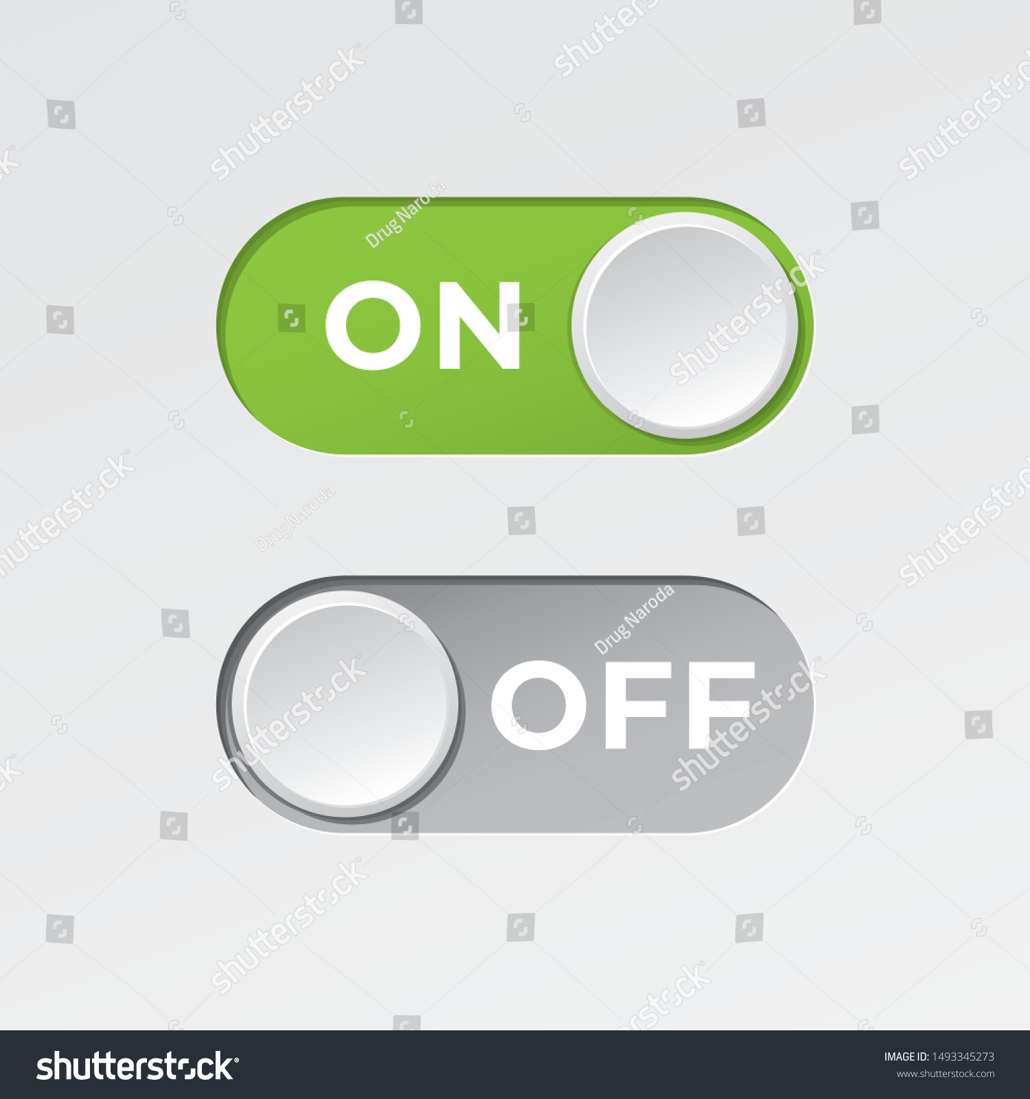 On and Off Toggle Switch Buttons with Lettering Modern Devices User Interface Mockup or Template - Green and Grey on White Background - Vector Gradient Graphic Design #1493345273