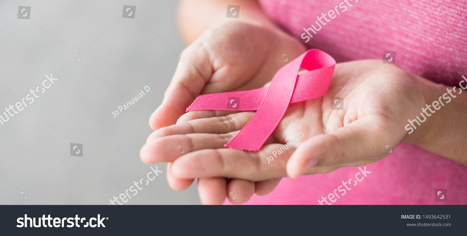 October Breast Cancer Awareness month, Woman in pink T- shirt with hand holding Pink Ribbon for supporting people living and illness. Healthcare, International Women day and World cancer day concept #1493642531