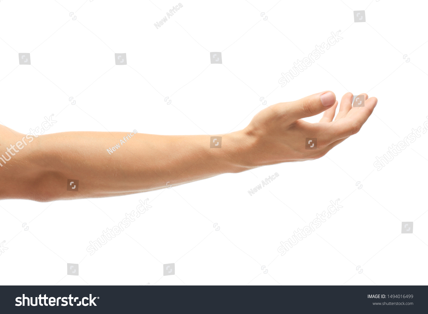 Young man held out hand on white background, closeup #1494016499