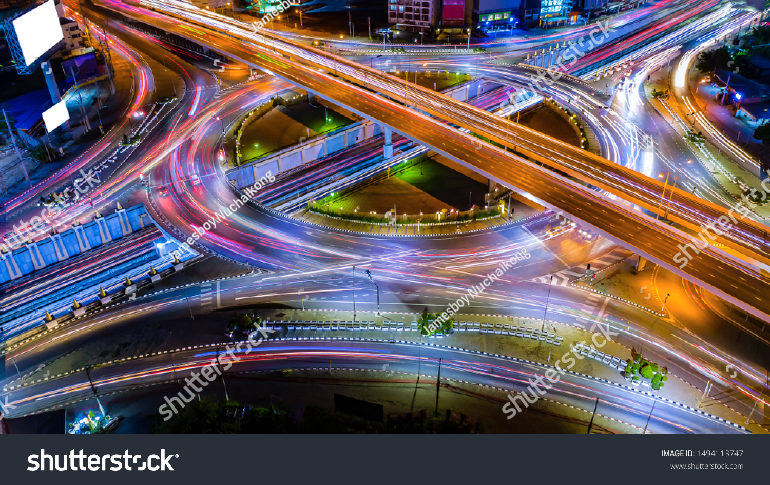 Aerial view Expressway motorway highway circus intersection at Night time Top view , Road traffic in city at thailand. #1494113747