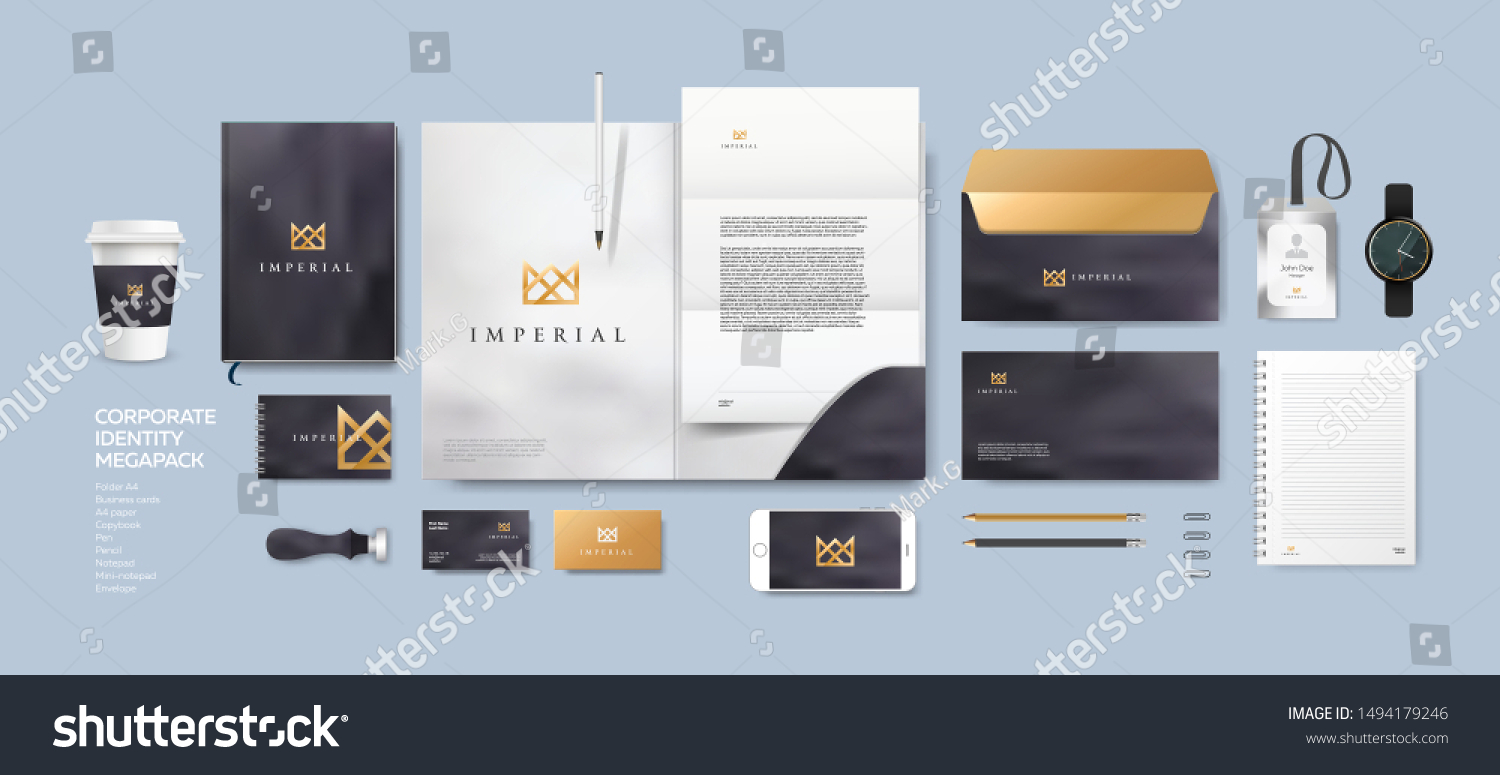 Corporate identity premium branding design. Stationery mockup vector megapack set. Template for business or finance company. Folder and A4 letter, visiting card and envelope based on modern gold logo. #1494179246