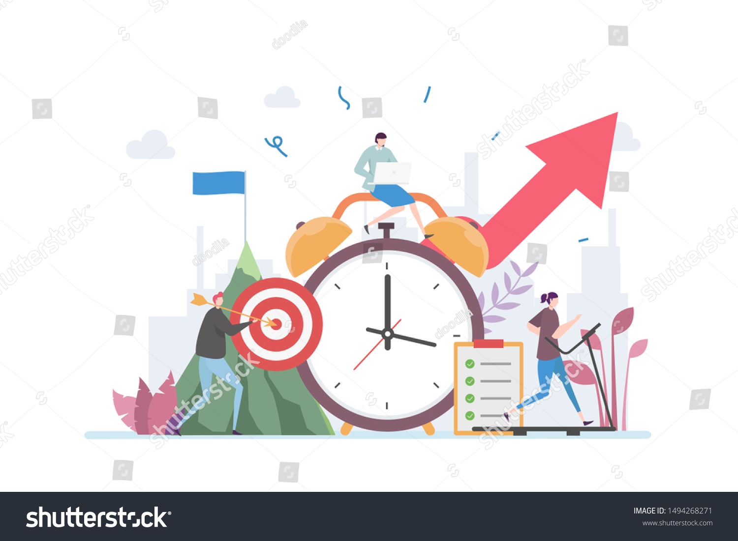 
Time Management Discipline Vector Illustration Concept Showing active group of people doing their daily routine productively to reach goal, Suitable for landing page, ui, web, App intro card #1494268271
