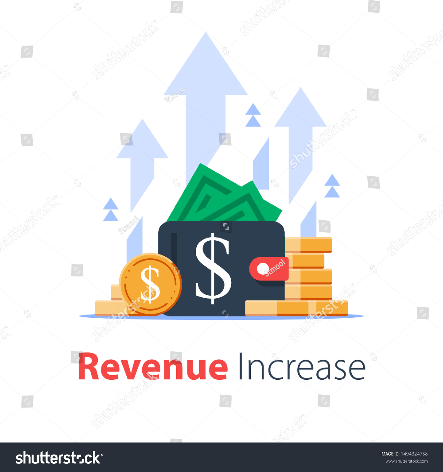 Wallet full of money, revenue increase, high interest rate, income growth, budget profit, financial fund growth, raise capital, investment portfolio, vector flat illustration #1494324758