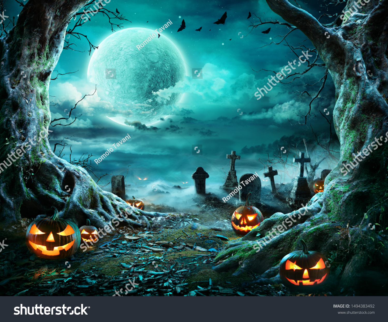 Jack 'O Lantern In Cemetery In Spooky Night With Full Moon - Halloween
 #1494383492