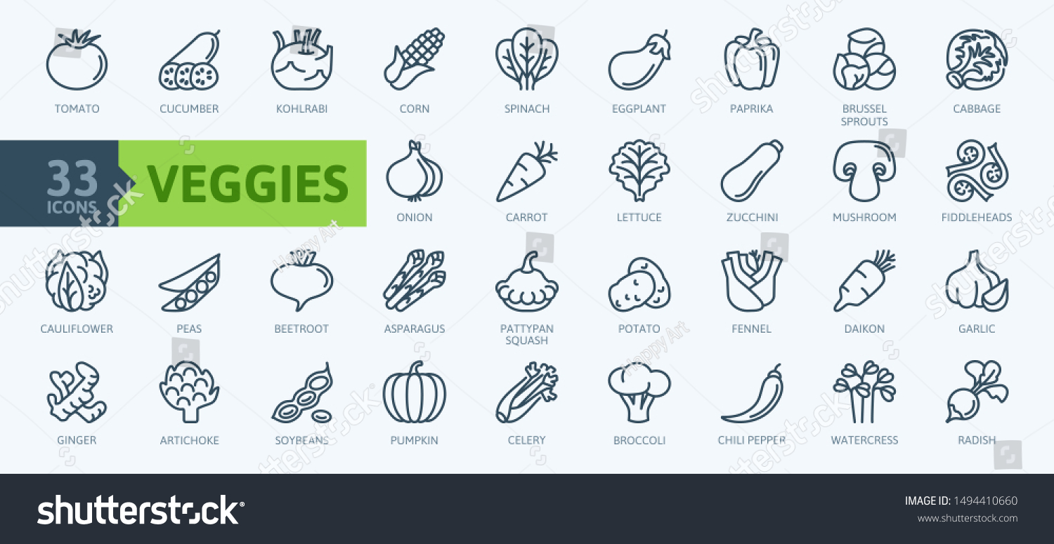 Vegetarian, vegetable, veggies - minimal thin line web icon set. Included the simple vector icons as tomato, cucumber, kohlrabi, cauliflower, pattypan squash, fiddleheads. Outline icons collection. #1494410660