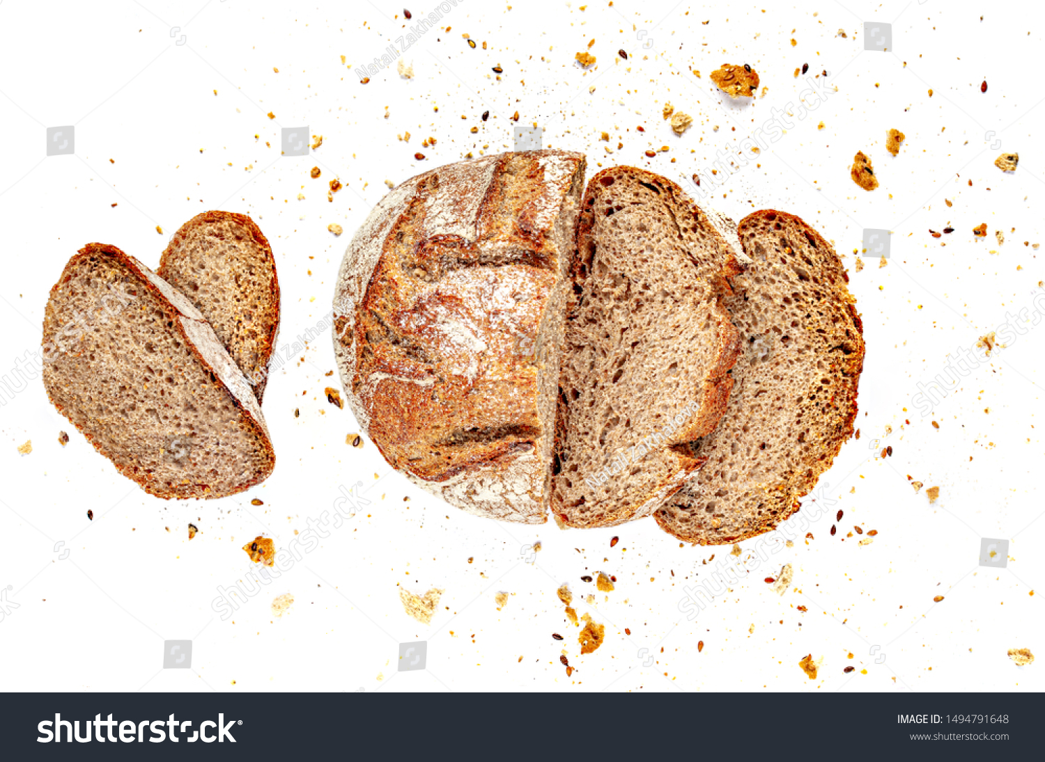 Sliced Multigrain bread isolated on a white background. Rye Bread  slices with crumbs. Top view. Close up #1494791648